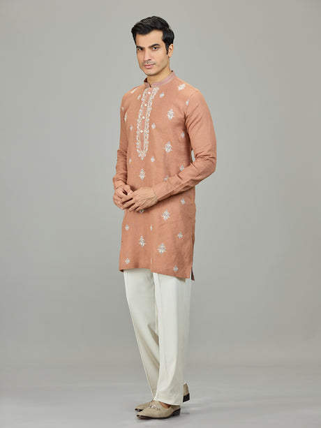 Rust peach royal botanical linen men kurta suit