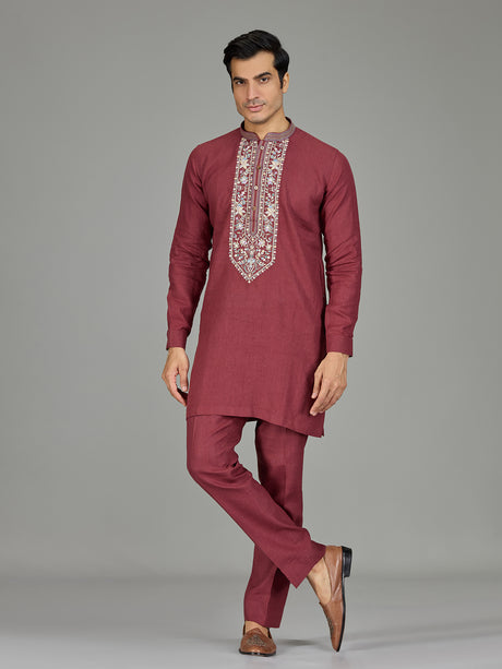 Maroon floral tapestry linen men kurta suit