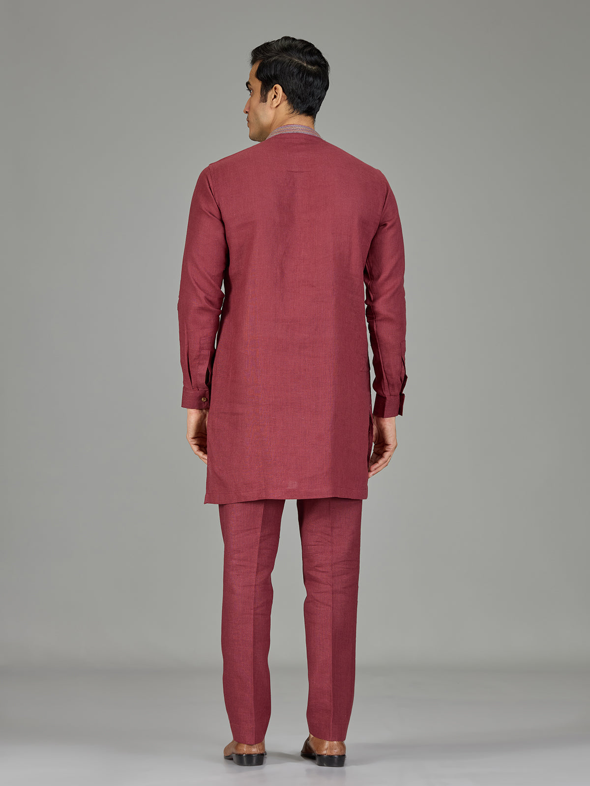 Maroon floral tapestry linen men kurta suit