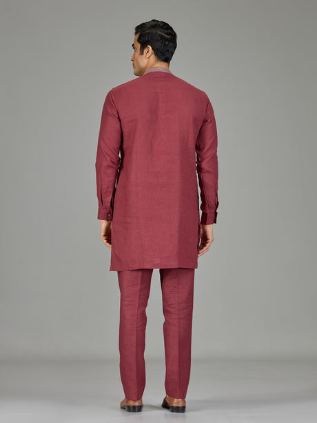 Maroon floral tapestry linen men kurta suit