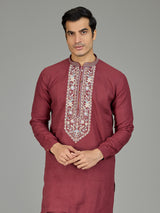 Maroon floral tapestry linen men kurta suit