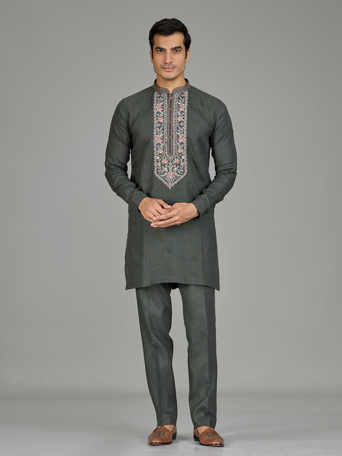 Green floral panel premium linen men kurta suit