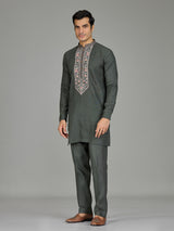 Green floral panel premium linen men kurta suit