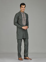 Green floral panel premium linen men kurta suit