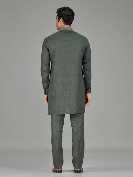 Green floral panel premium linen men kurta suit