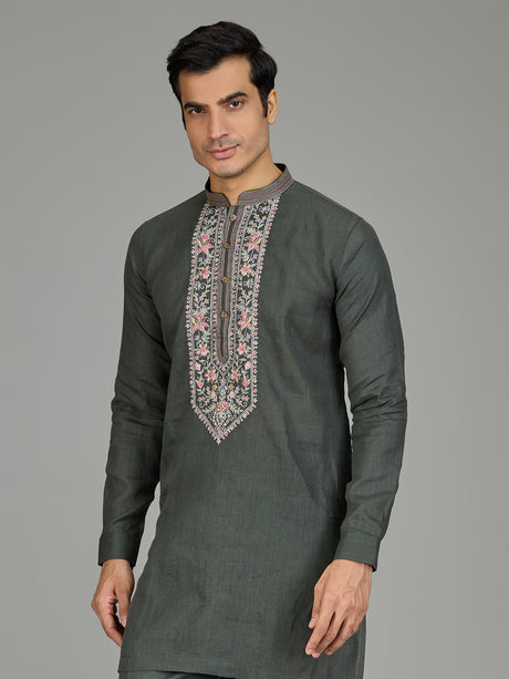 Green floral panel premium linen men kurta suit