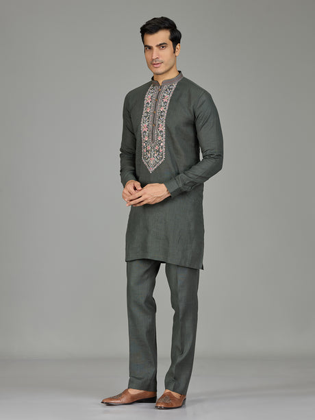 Green floral panel premium linen men kurta suit