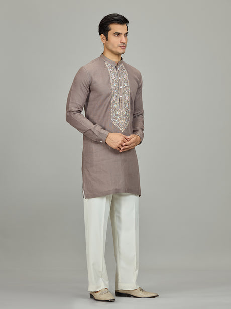 Grey botanical embroidered linen men kurta suit