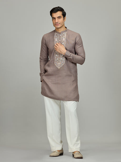 Grey botanical embroidered linen men kurta suit
