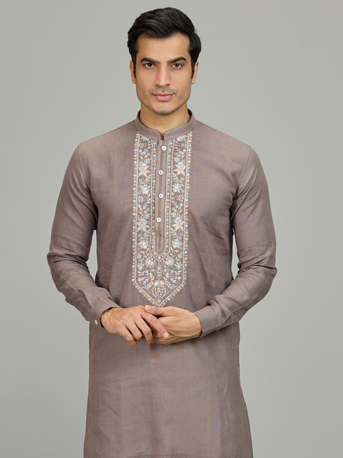 Grey botanical embroidered linen men kurta suit