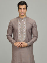 Grey botanical embroidered linen men kurta suit
