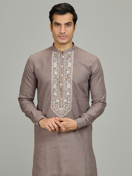 Grey botanical embroidered linen men kurta suit