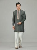 Olive green leafy embroidery linen men kurta suit