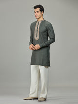 Olive green leafy embroidery linen men kurta suit