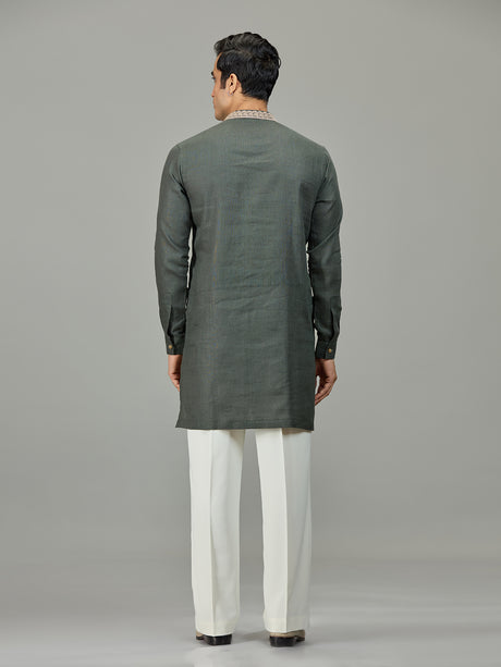 Olive green leafy embroidery linen men kurta suit