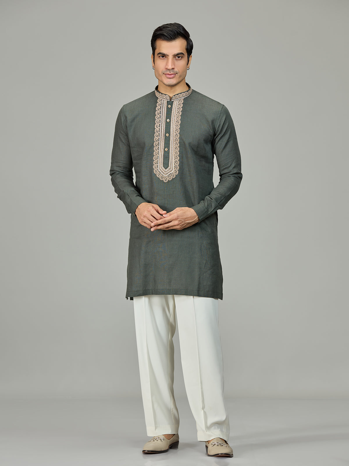 Olive green leafy embroidery linen men kurta suit