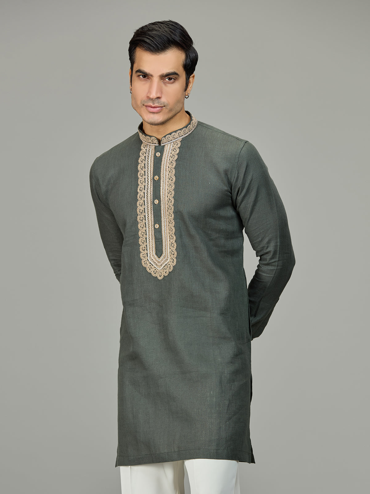 Olive green leafy embroidery linen men kurta suit