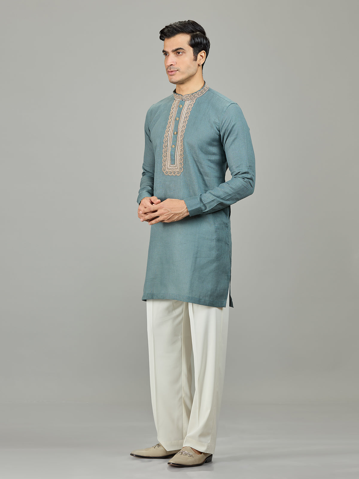 Sage green leaf border linen men kurta suit