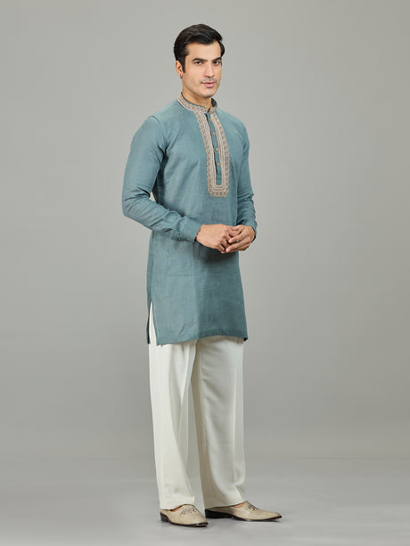 Sage green leaf border linen men kurta suit