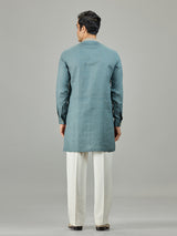 Sage green leaf border linen men kurta suit