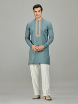 Sage green leaf border linen men kurta suit
