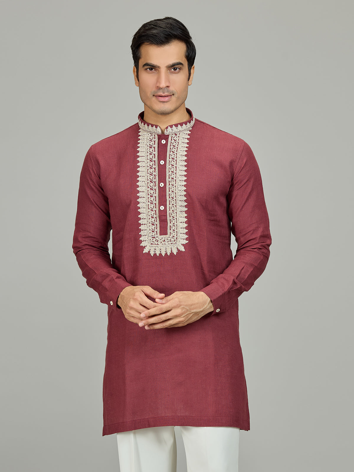 Maroon heritage border linen men kurta suit