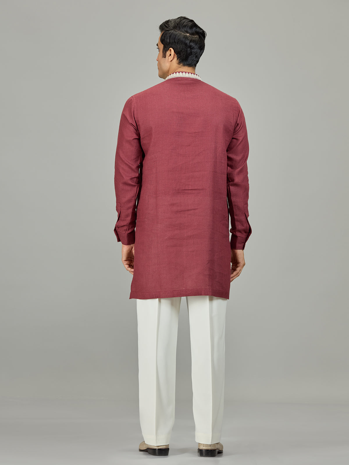 Maroon heritage border linen men kurta suit