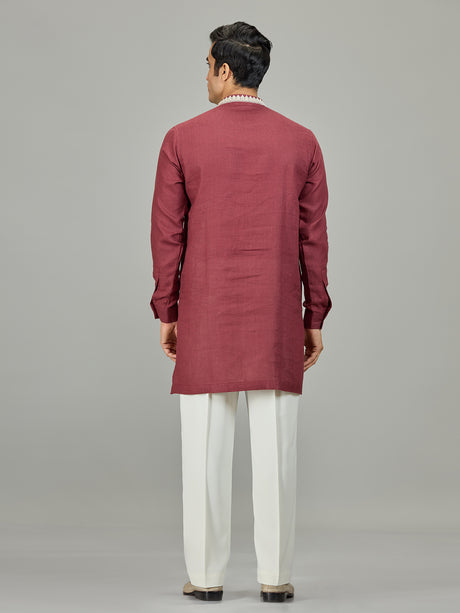 Maroon heritage border linen men kurta suit