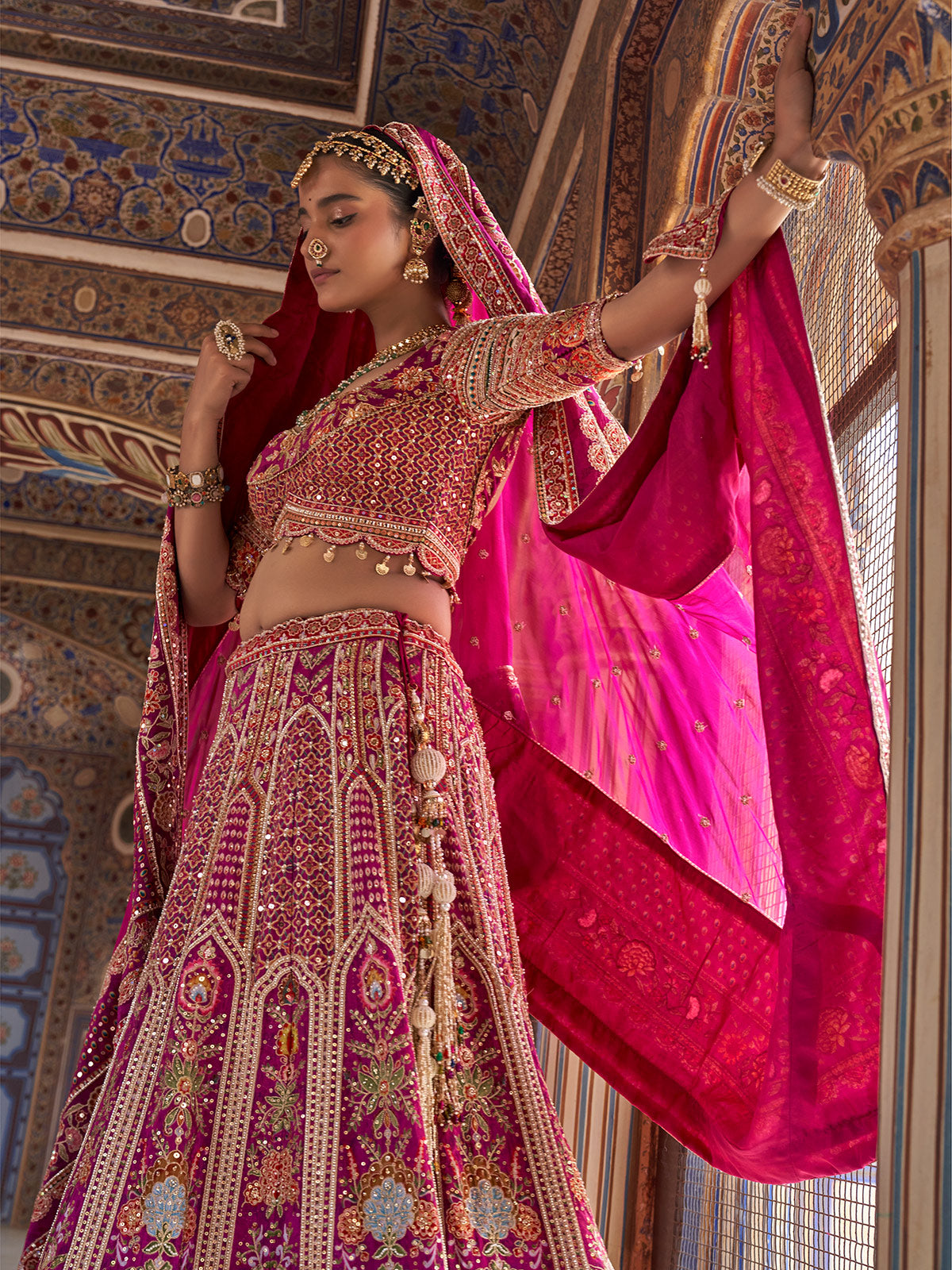 Magenta pink mughal floral women bridal lehenga choli