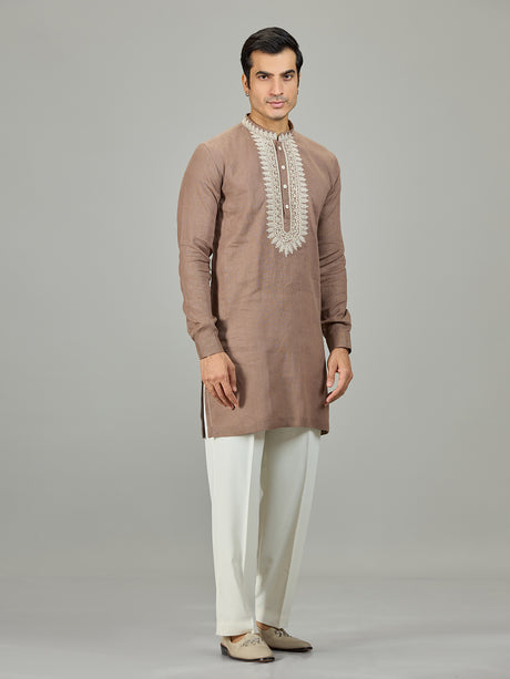 Brown chikan inspired zardosi linen men kurta suit