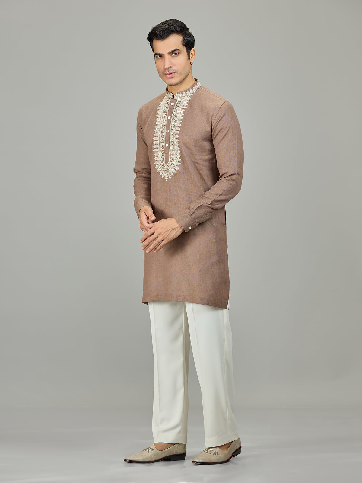 Brown chikan inspired zardosi linen men kurta suit
