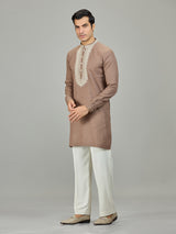 Brown chikan inspired zardosi linen men kurta suit