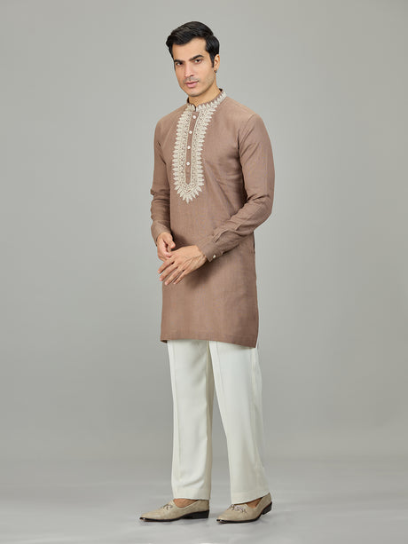 Brown chikan inspired zardosi linen men kurta suit