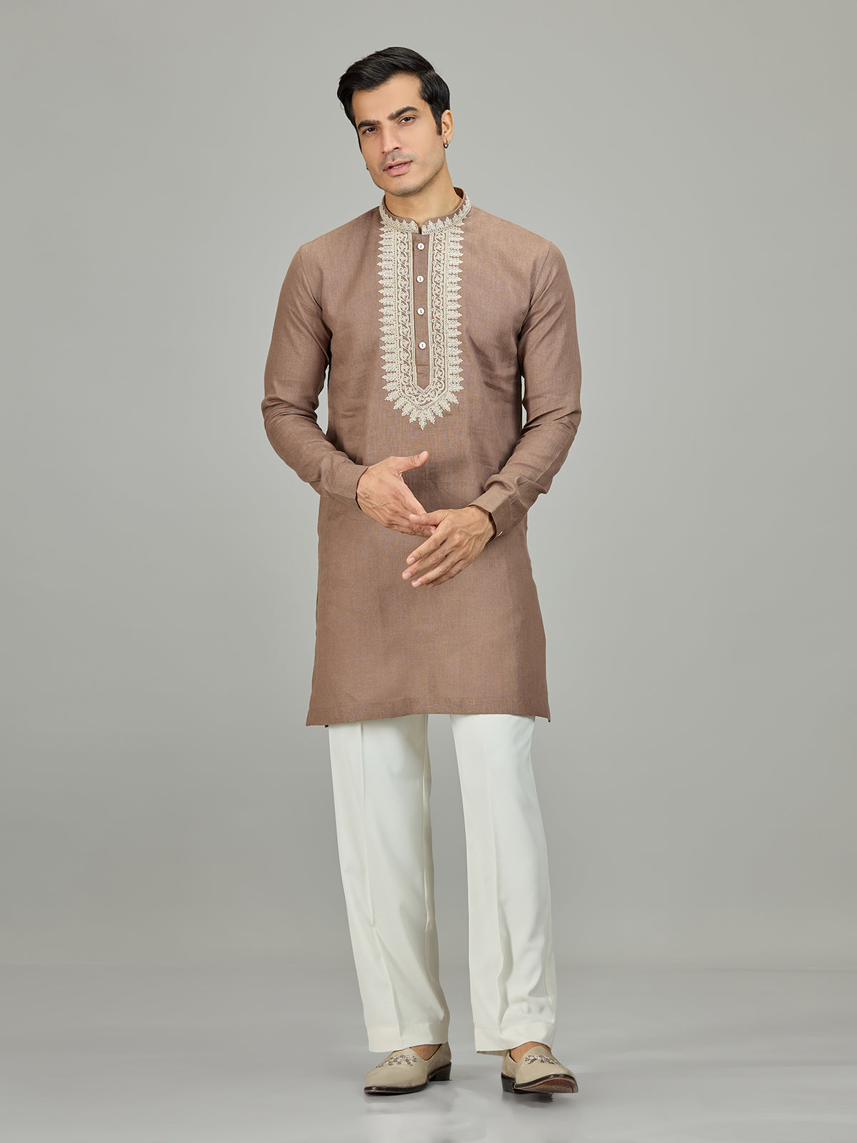 Brown chikan inspired zardosi linen men kurta suit