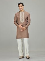 Brown chikan inspired zardosi linen men kurta suit