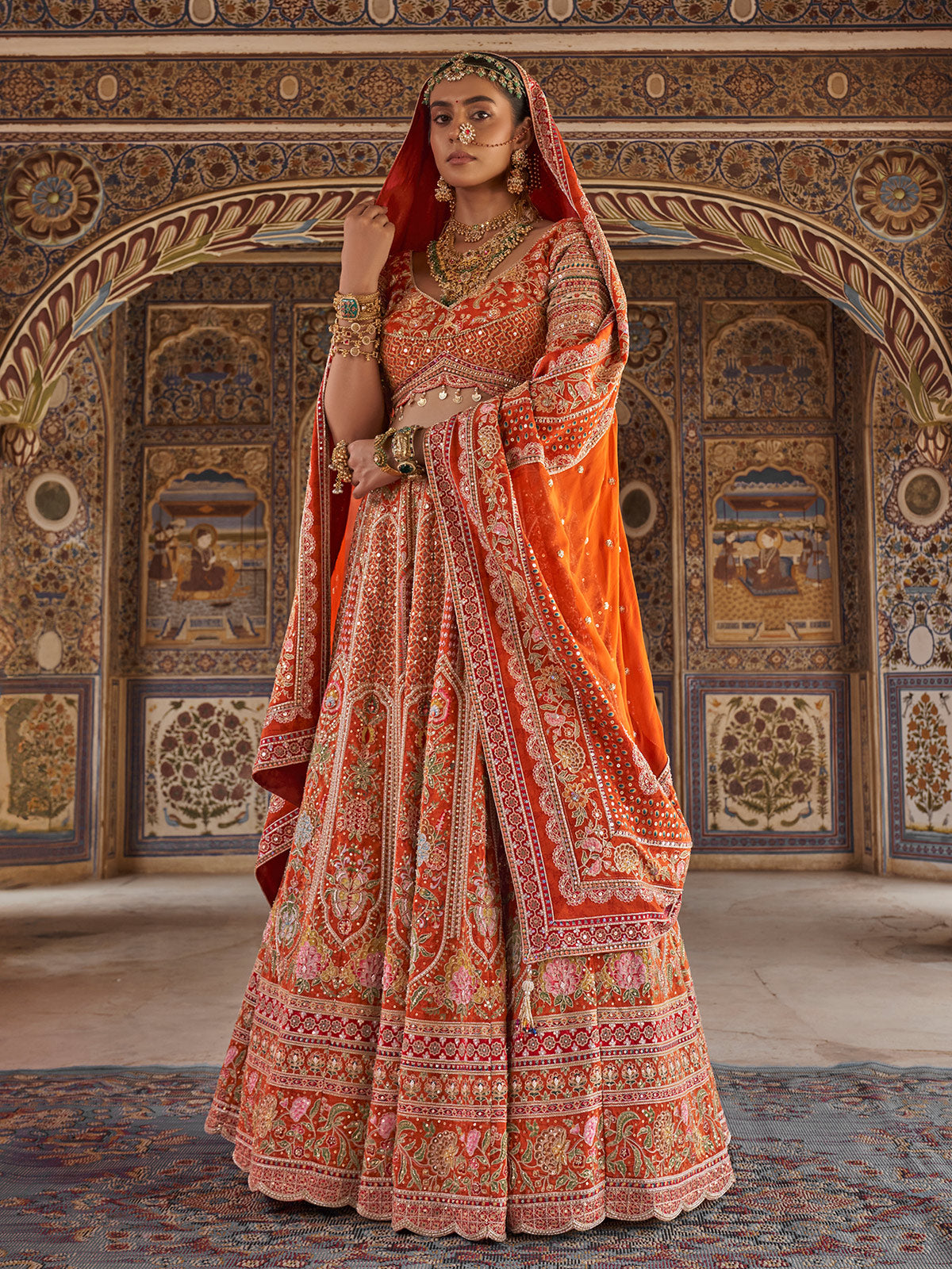 Orange mughal floral women bridal lehenga choli