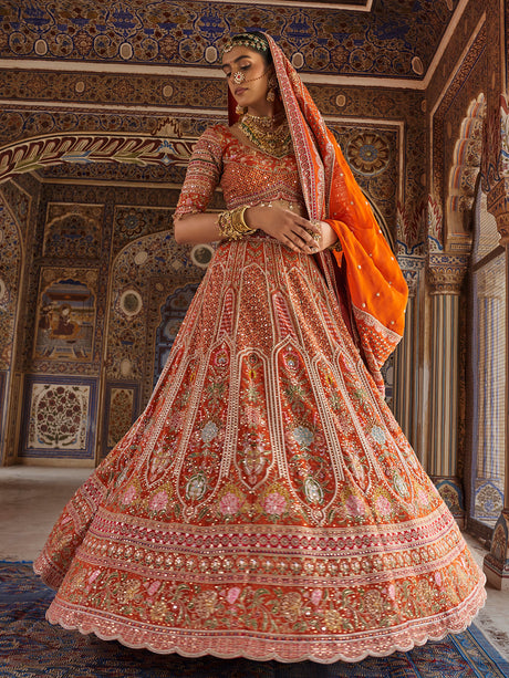 Orange mughal floral women bridal lehenga choli