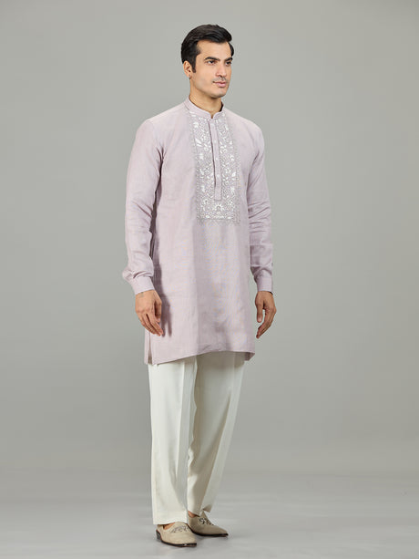 Lilac purple royal botanical linen men kurta suit