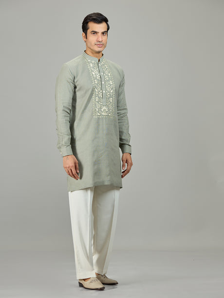 Stone green botanical panel linen men kurta suit