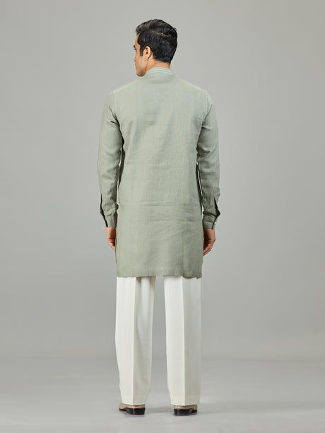 Stone green botanical panel linen men kurta suit