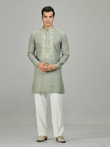Stone green botanical panel linen men kurta suit