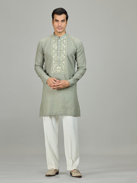 Stone green botanical panel linen men kurta suit