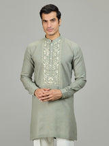 Stone green botanical panel linen men kurta suit