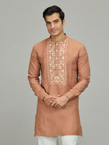 Rust peach kashmiri botanical linen men kurta suit