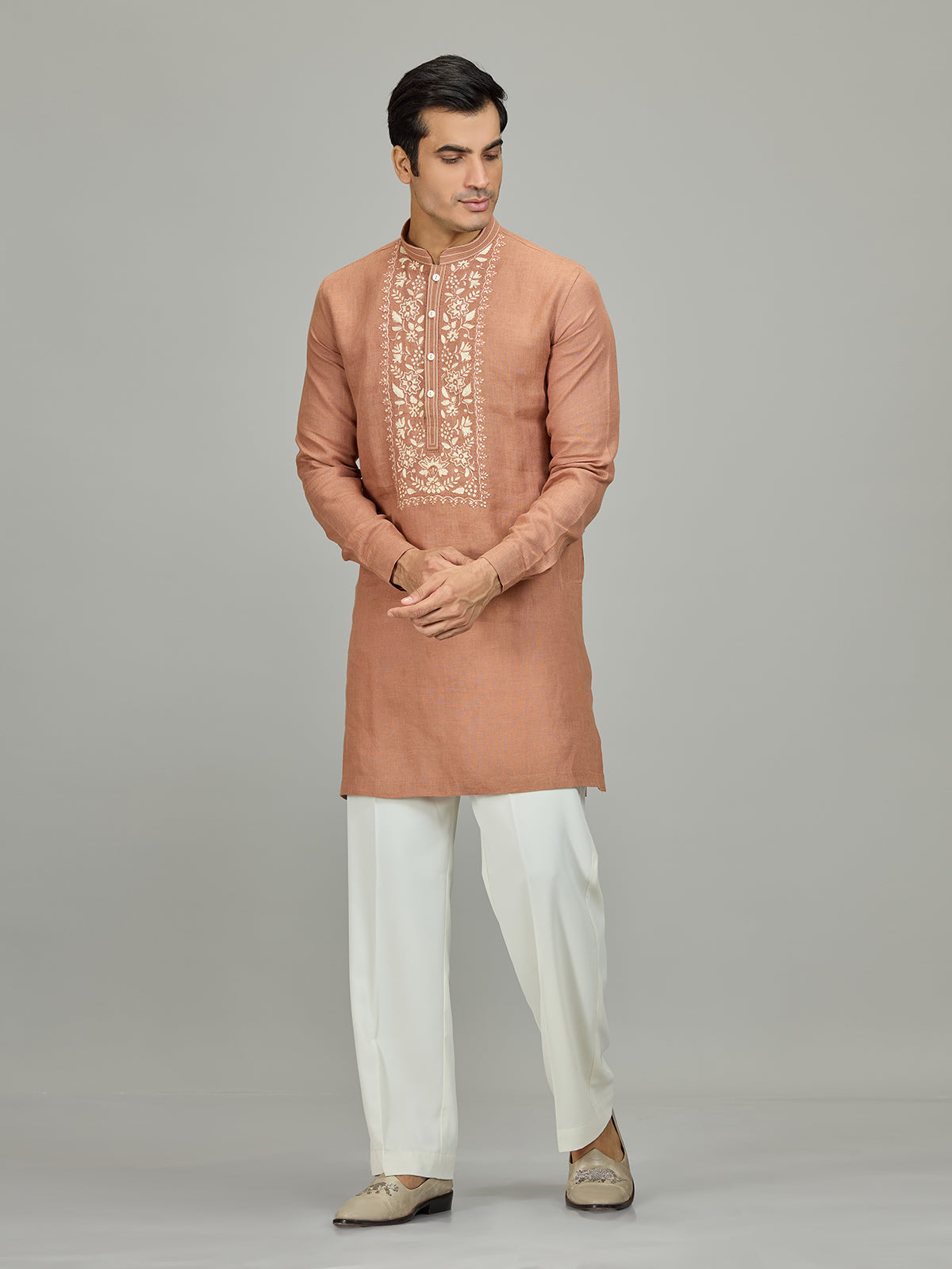 Rust peach kashmiri botanical linen men kurta suit