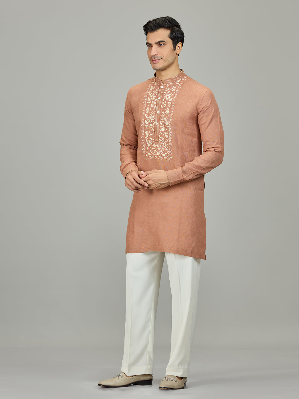 Rust peach kashmiri botanical linen men kurta suit