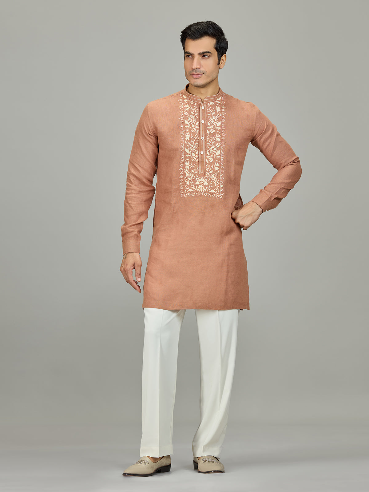 Rust peach kashmiri botanical linen men kurta suit