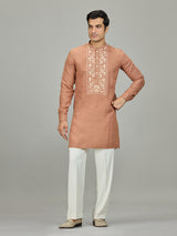Rust peach kashmiri botanical linen men kurta suit