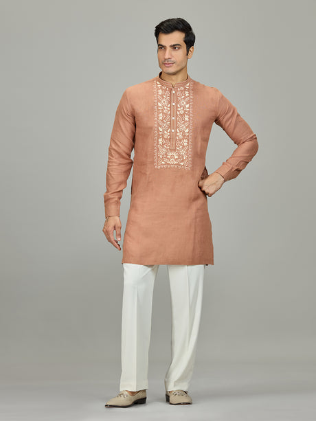 Rust peach kashmiri botanical linen men kurta suit