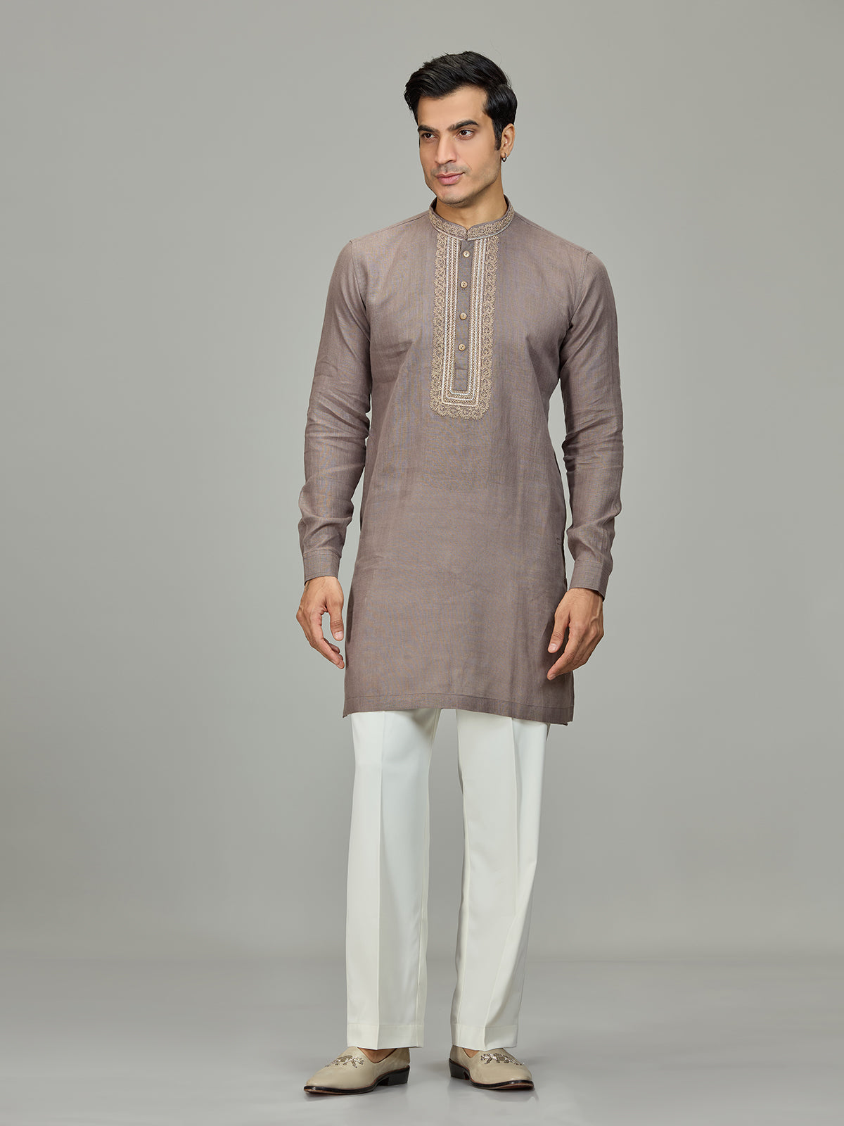 Grey leaf motif zardosi linen men kurta suit